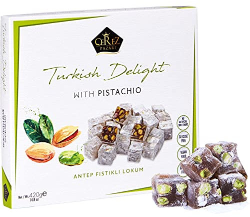 Cerez Pazari Turkish Delight Pistachio Candy Gourmet Premium Vegan Sweets Medium Gift Box 420g, Sweet Luxury Traditional Confectionery Soft Candy Dessert Glucose Free Lokum (Loukoumi)