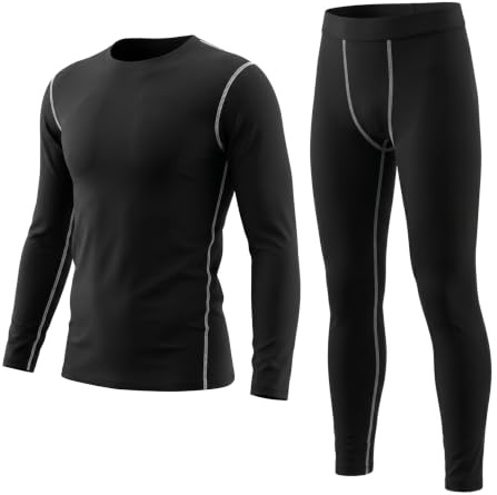 LANBAOSI Kids Boys Ski Base Layer Thermal Underwear Long Sleeve Top and Leggings Set Compression Athletic Shirt Tights, Black, 10