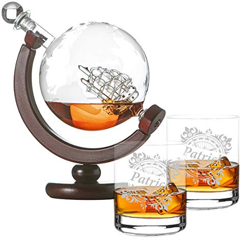 polar-effekt Caraffa da whisky con mappa del mondo, due bicchieri da whisky con incisione motivo bussola vintage – regalo per uomini – bottiglia da whisky con sfera del mondo decanter in vetro 850 ml