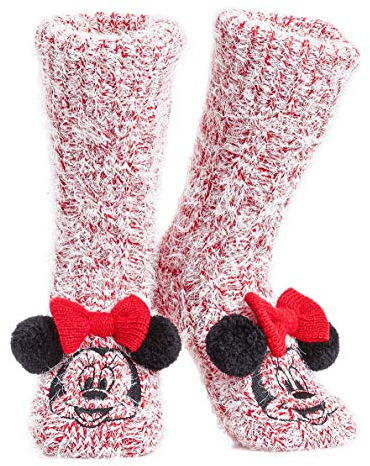 Disney Calze a Pantofola da Donna - Calzini Antiscivolo Donna in Caldo Pile - Idea Regalo Stitch Mickey Minnie (Rosso Melange Minnie)