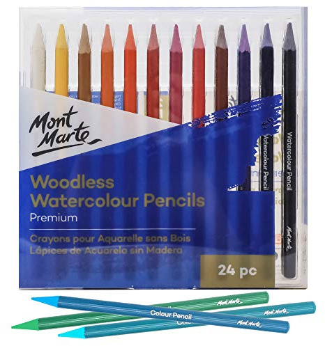 Mont Marte Premium Woodless Watercolor Pencils 24pc, 7mm (0.28in) Core, Suitable for Blending, Layering and Watercolor Techniques