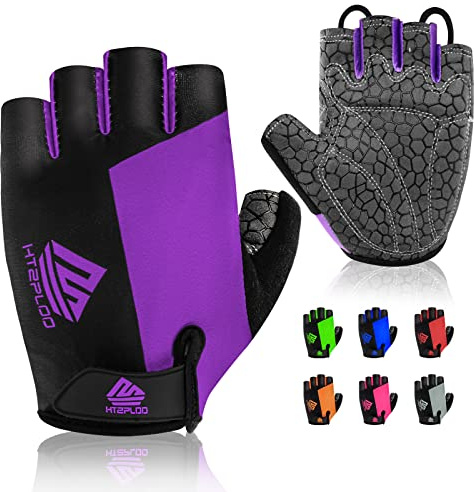 HTZPLOO Bike Gloves - Cycling & Biking Gloves for Men & Women with Anti-Slip, Shock-Absorbing Pad, Light Weight, Nice Fit, Half Finger (Black&Purple, Small)