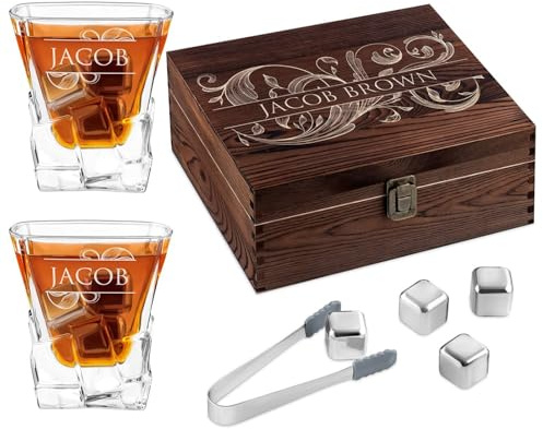Maverton Whisky Stones and 2 Engraved Glasses, Name | Set of 8 Stones & 250ml Whisky Glasses, Birthday Gift for Men, Gift idea for Gentleman
