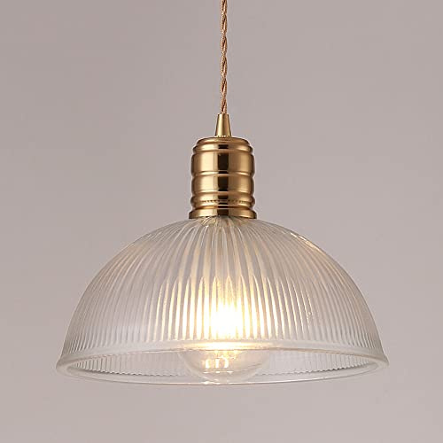 Jadssox Ribbed Glass Pendant Lighting Fixture Dome Hanging Lamp, Antique Gold Finish Drop Ceiling Light Single Chandelier, E27 Suspension Lights for Dining Room Kitchen Loft Bedroom