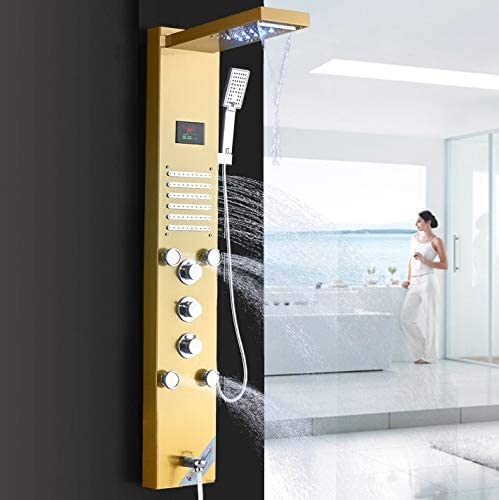 LED Duschpaneel aus rostfreiem Edelstahl mit 5 Funktionen, Temperaturanzeige und 10 Massagedüsen Farbe: Golden