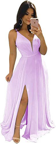 WTWVIAN Scollo a V da donna con spalline lunghe in chiffon abito da sposa per ospiti a pieghe con fessura alta senza schienale abiti da damigella d'onore, Lilla, 48