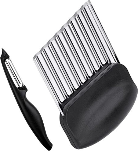 2 Stück Wellenschneider, Edelstahl Pommes Wellenmesser, 9,5 * 7,5cm Kartoffelschneider mit Sparschäler, Kartoffel Wellenschneider, Wellenschnittmesser, Riffelmesser