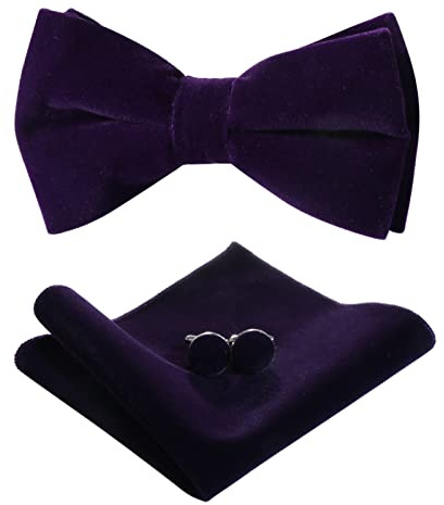 HOULIFE Nœud papillon réglable en velours pour homme - Nœud papillon pré-noué - Couleur unie - Boutons de manchette - Pour marié - Avec boîte cadeau (nœud papillon double couche), Violet, M