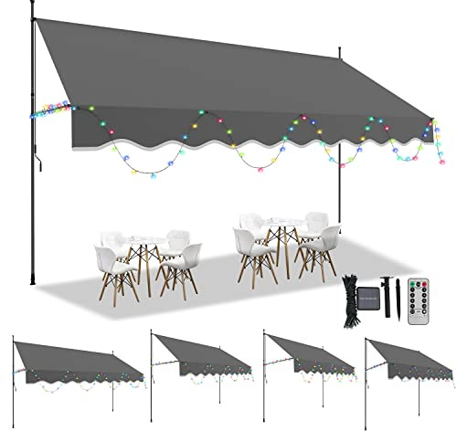 Izrielar Store à pince avec manivelle sans perçage - Hauteur réglable - 5 m - Guirlande lumineuse solaire colorée - Résistant aux UV - Protection solaire - Étanche - 300 x 120 x 200-300 cm - Gris