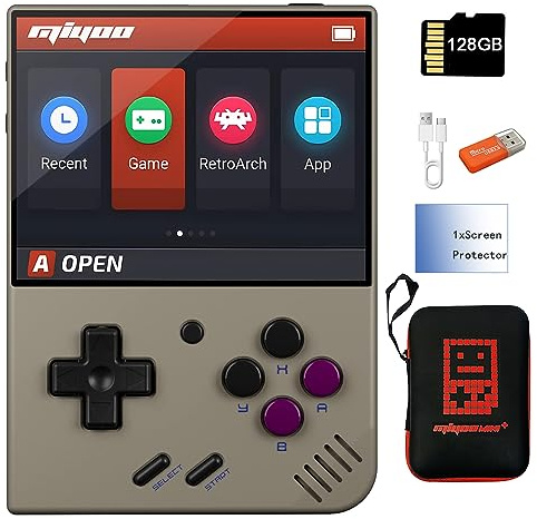 Miyoo Mini Plus - Consola de juegos de mano de 3.5 pulgadas, sistema clásico, consola de videojuegos retro, portátil, recargable, de mano, 128 G, con funda, color gris