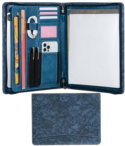 Calfinder A4 Conference Folder, PU Leather Document Folder, Zipper Writing Case A4, Briefcase with A4 Clipboard, Business Portfolio Organizer, Dark Blue
