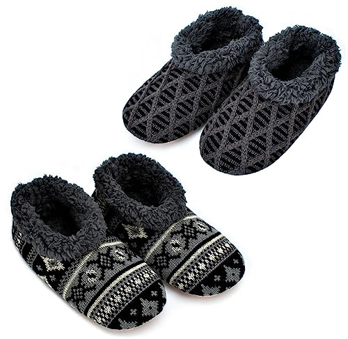 cosyone1997 2-Pair Mens Slippers Indoor Sherpa Lined Fuzzy Slipper Socks Non Slip Gripper Soles Size 10-11