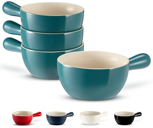 Kook French Onion Soup Crocks, Stackable Ceramic Bowls with Handles, Broil, Oven, Microwave and Dishwasher Safe, for Cereal, Soups, Casseroles, with Handle, 24 Oz, Set of 4, Teal Ombre