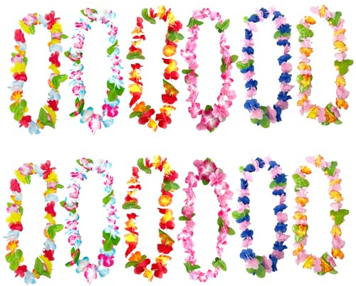 duoyif Hawaii Blumenkette 12Stück Hawaii Kette Blumen, Tropischen Blumenkette Hawaii Hula Ketten, Hawaiikette Für Hawaiianische Strand Partys St. Palikert Ostern Karnevals Cheerleading Geburtstage