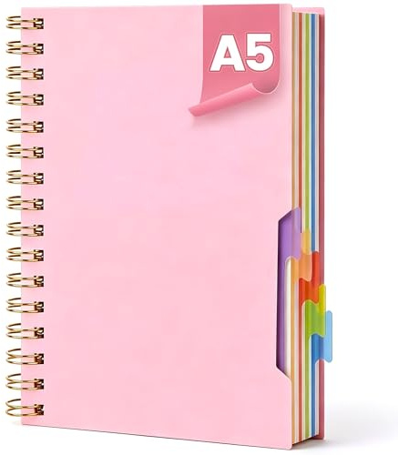 Koogel Spiralnotizbuch mit Tabs, 5 Fächer, Spiralnotizbuch, College, liniert mit herausnehmbaren Trennblättern, 200 Seiten, linierte Tagebücher für Frauen, Notizen, Arbeit, Schule, Geschenke, 14 x 21