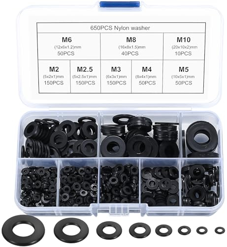 650 pz. Rondelle in nylon, rondelle piane in plastica per carrozzeria, rondelle di supporto rotonde, guarnizioni per viti isolanti - Nero, M2/M2.5/M3/M4/M5/M6/M8/M10