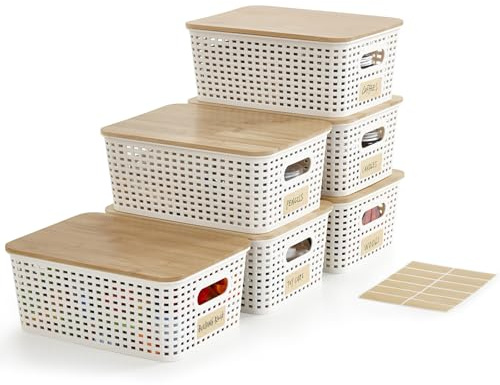 Bagnizer Small Plastic Storage Bins with Bamboo Lids 5.2qt Stackable Box Basket Pantry Decorative Containers Cute with Labels for Organizing Desktop Closet Office Cream White of 6 packs 10*7.2*4.1