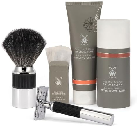 MÜHLE NEO Bundle, 4-tlg. Set mit Sicherheitsrasierer, Gummigrip, schwarz | Rasierhobel geschlossener Kamm, klassische Rasierklingen, Creme, After Shave, einsteigerfreundlich, umweltfreundlich
