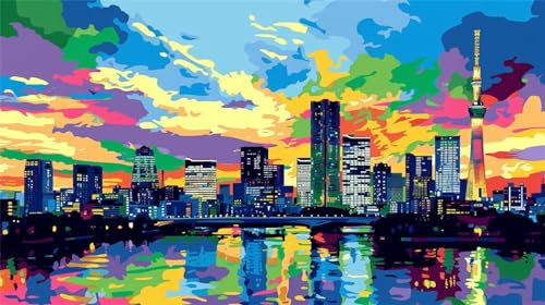 Malen Nach Zahlen, Malen Nach Zahlen Tokio Paint by Numbers Adult, DIY Landschaft mit Pinseln und Acrylfarben Handgemalt Ölgemälde Leinwand für Weihnachten Geschenke, Wanddeko, Ohne Rahmen (160x90cm)