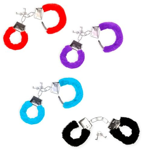 AC - Pack de 2 Pares de Esposas metálicas con Pelo, Incluyen Llaves y botón de Seguridad, complementos, Disfraces, Carnaval, Halloween, Role Play (Color Aleatorio)