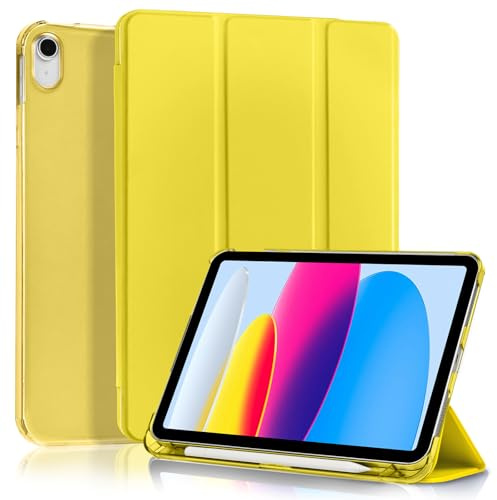 4UBonLife Fodral för iPad (A16) 11:e generationen 11 tum 2025, för iPad 10:e generationens 10,9 tum 2022 med Pennhållare, Smalt Stativ Skydd med Genomskinligt Frostat Hårt Bakskal, Gul
