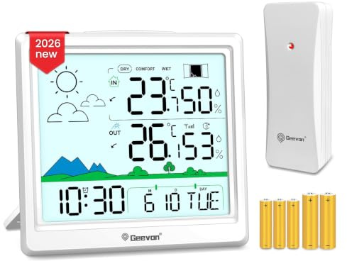 Geevon Indoor Outdoor Thermometer Hygrometer Atomic Clock & Remote Sensor | Weather Station, Mould Alert, Window Open/Close, 3-Channel (1 Incl), 5-Day Forecast, Max/Min, Trends, Home, Garden, Nursery
