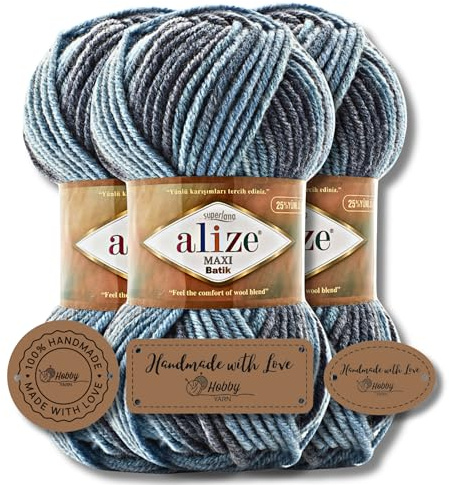 Hobby YARN 3x Etikettenlabel mit Alize Superlana Maxi Batik Wolle Premium 1x100g als Set, Yarn, Garn, Strickgarn mit Farbverlauf, Baby, zum Häkeln, Stricken, Kleidung, Schals (7785)