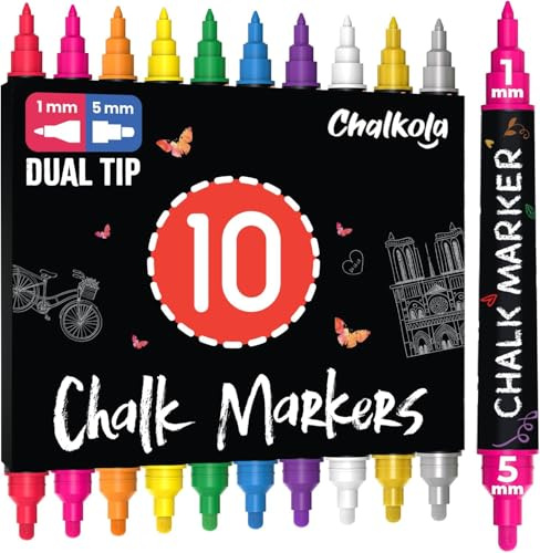 Chalkola Dual Tip Liquid Chalk Pens for Blackboard - (10 Pack, 1mm+5mm Fine, Bold Tip, w/Gold Silver) | Wet Erase, Erasable Chalk Markers for Chalkboard Signs, Car Windows, Calendar, Glass, Board