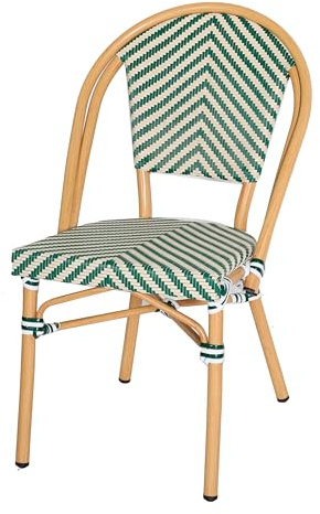 EME Silla Bistró París Color Verde de Estilo Parisino con un diseño trenzado de espiga. Sillas de terraza apilables con estructura de aluminio y asiento de textilene. Ideales para el uso en hostelería