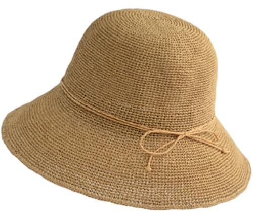 AMOFIA Girls Sun Hats Solid Color Straw Hat Kids Wide Brim Sun Protection Beach Cap with Bow UPF 50 Bucket Hat 3-7 Years Khaki