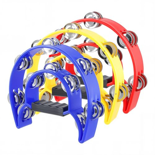 Tamburin, 3 Stück Halbmond Form zweireihig Schellenring Schellenkranz | PP-Kunststoff Tambourine mit 20 Paar Metall Schellen, für Musiker, Bandproben, Party, KTV und Bar(Rot/Gelb/Blau)