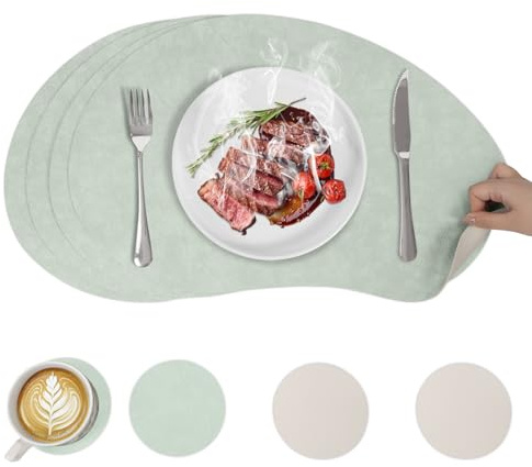 4er Set Tischsets abwaschbar und Untersetzer, Große Mango hitzebeständig Leder-Imitat beidseitige Tischunterlage Esstisch Deko Outdoor Platzsets 50x32cm, Hellgrün+Beige