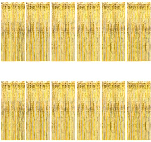 LOLYSIC 12 Stück Lametta Vorhang Gold(1M x 2.5M), Glitzervorhang aus Lametta und Folienfransen – Deko-Vorhang für Party, Geburtstag, Hochzeit, Bühne, Disco und Weihnachten