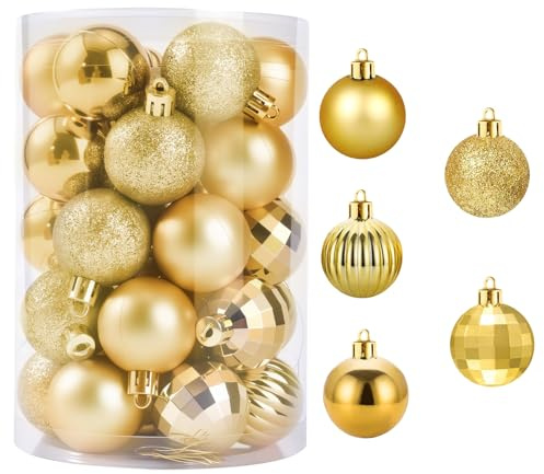 GAEEP Christmas Ball Gold, 34 Pack Small Xmas Baubles Ornaments for Christmas Tree Decorations, 40mm Mini Xmas Balls Set Shatterproof for Tree, Outdoor, Wreath, Holiday, Party Decor (Gold)