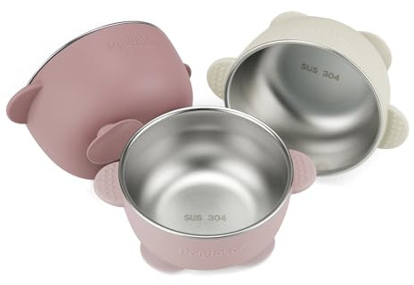 PandaEar Set med 3 sugkoppsskålar i rostfritt stål, halkfri silikonbelagd skål för barn, småbarn och spädbarn, okrossbar och skadefri (rosa)