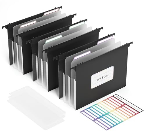 ThinkTex Dossiers Suspendus A4, Extensibles avec Étiquettes et Séparateurs, Adaptés aux Classeurs et aux Maisons, Écoles et Entreprises (Noir, Lot de 3)