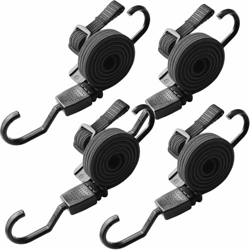 4 Stück Spanngummi mit Haken, 100cm Verstellbarer Expander, Flaches Gepäckspanner, Gummiband für Fahrrad Koffer Camping, Schwarz