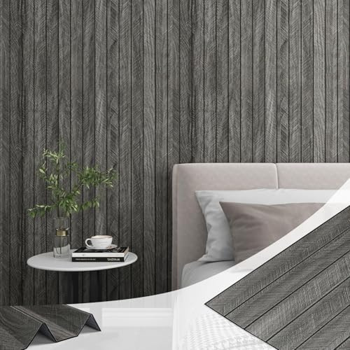 LaCheery Panneau Mural Decoratif PVC Bois Effet 3D Gris Foncé Noir 30cm x 200cm Panneau Acoustique Mural Autocollant Imperméable Panneaux Muraux Bois Gris Revetement Papier Peint Epais pour Mur Salon