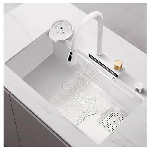 White Single Bowl Sink, Waterfall Sink, Stainless Steel Kitchen Sink, Undercounter Sink, Household Washbasin, Multifunctional Kitchen Sink With Faucet, Cutting Board, Bas-68x45cm(26.77x17.71in)