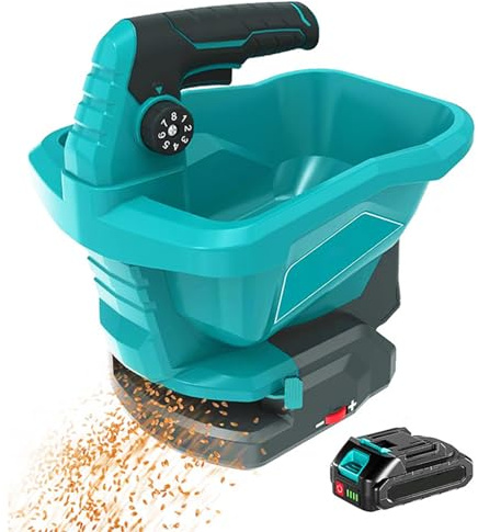 Esparcidor de semillas de césped inalámbrico, esparcidor eléctrico para fertilizantes y semillas de césped, capacidad de 3.3 L, 6 caudales variables, ancho de dispersión de 8 pies, ángulo de