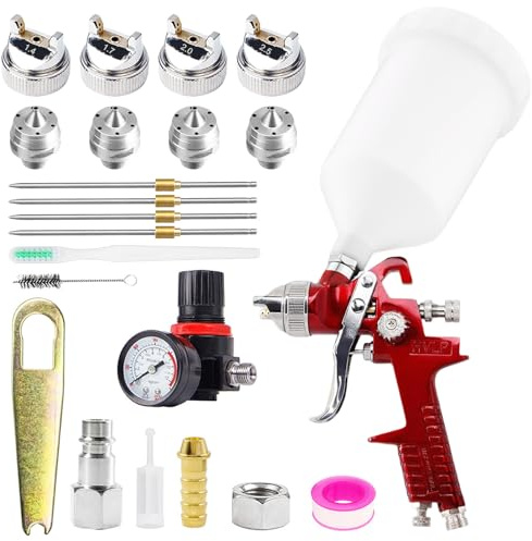 HVLP Lackierpistole, 4 Düsen 1,4/1,7/2,0/2,5mm, 600ml Becher | Profi Farbsprühsystem mit Plastikbecher, vielseitige Spraypistole für Heimwerker-, Möbel- und Autolackierarbeiten
