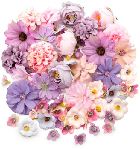 50 Stück Kunstblumen zum Basteln, Künstliche Blumenköpfe, Rosa-Lila Mix | Mini Seidenblumen für DIY & Scrapbooking | Blumen Deko für Hochzeit, Party, Tischdeko, Kränze und Geschenkboxen