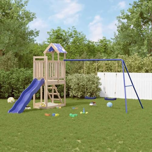 YunCangg Torre de juegos de madera maciza de pino con tobogán ondulado y columpio doble, juguete de jardín para niños de 3 a 8 años, estructura de escalada con escalera, arenero, parque infantil al