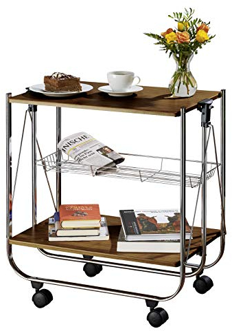 WENKO Servierwagen Mod. Dinett Deluxe Beistelltisch Nussbaum klappbar Robustes Metallgestell mit Ablageflächen und Gitterkorb Maße 68 x 70 x 40,6 cm Braun