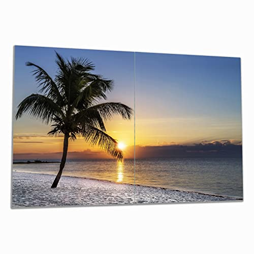 Wallario Herdabdeckplatte/Spritzschutz aus Glas, 2-teilig, 80x52cm, für Ceran- und Induktionsherde, Palme am Strand - Sonnenuntergang über dem Meer