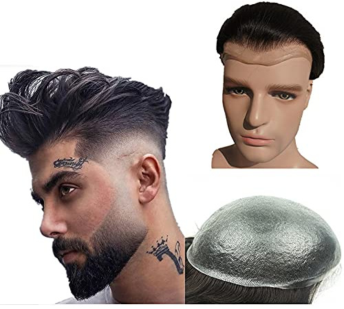 N.L.W. PU Skin Toupee for Men NLW European Human Hair Pieces for mens hair prosthesis patch units replacement system for men 0.04mm V loop thin Skin 10x8 base size implant for man #1 Jet Black color