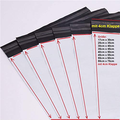logei® 100St Plastik Versandtaschen Versandtüten Folienversandtaschen Versandbeutel Warenbeutel aus Plastik für Kleidung und Textilien selbstklebend, undurchsichtig (35cm x 45cm+5cm)
