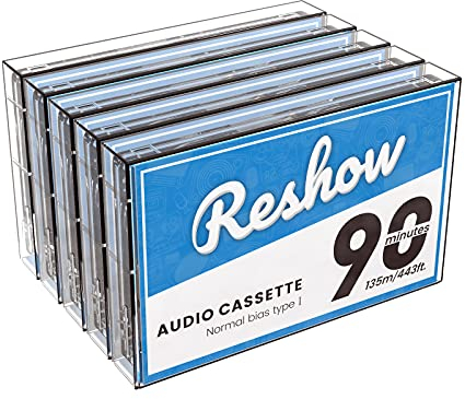 Reshow Cassette audio, silenziose, alta potenza di uscita, 90 minuti, cartucce vuote con custodia a nastro in plastica trasparente individuale, ideale per la registrazione giornaliera (5 pezzi)