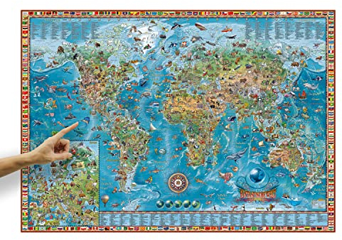 ORBIT GLOBES & MAPS Kinder-Weltkarte mit Tieren und Flaggen, Deutsch im Poster-Format XXL 138 x 98 cm mit aufschlussreicher Legende, Deko-Landkarte für Kinderzimmer