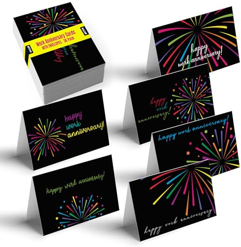 Better Office Products 36-pack arbetsjubileumskort med kuvert, företagspersonal uppskattningskort, storpack set, 10 x 15 cm, 6 fyrverkerier omslagsdesigner,
